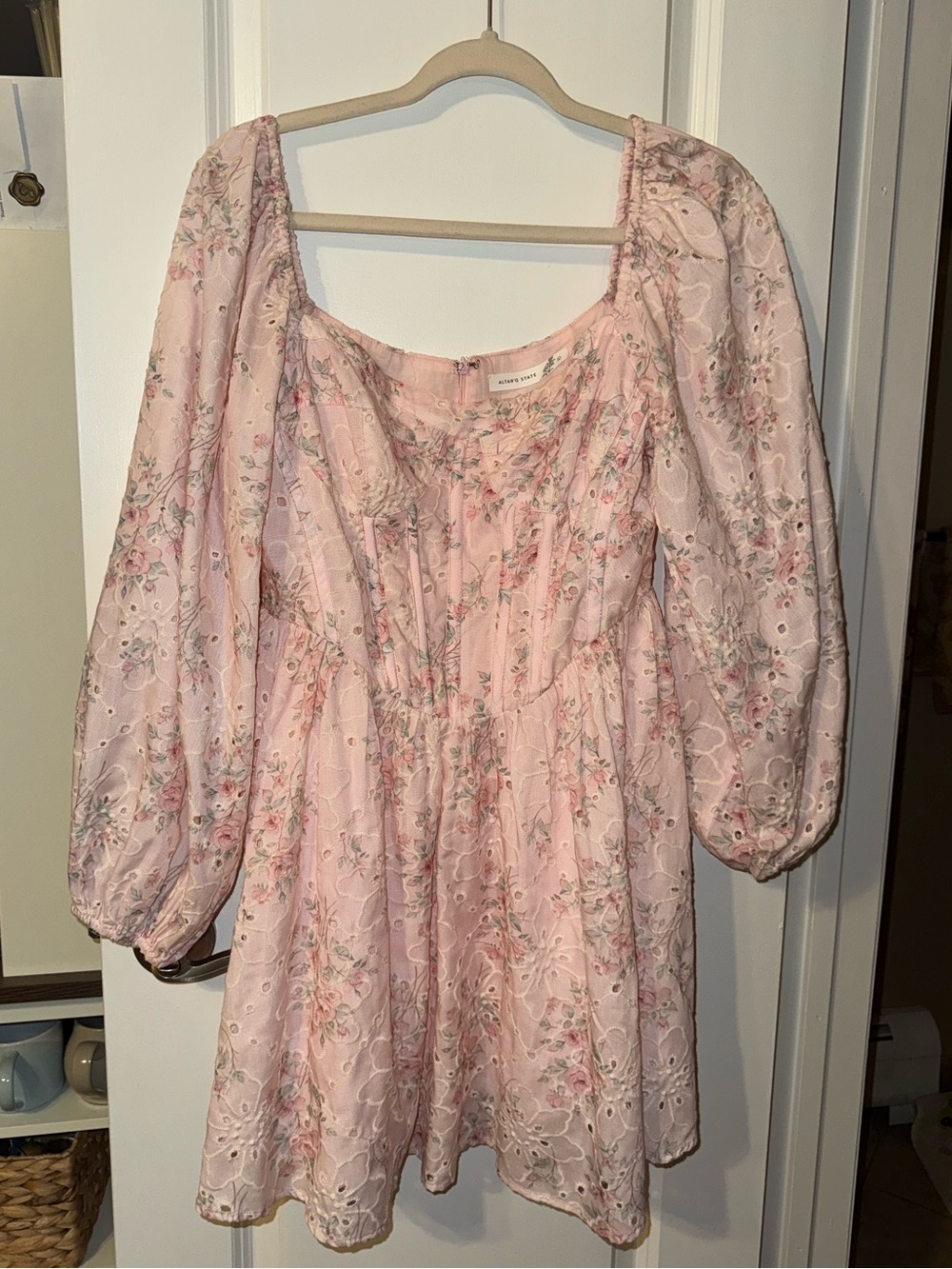 Altar'd State Pink Floral Eyelet Puff-Sleeve Mini Dress